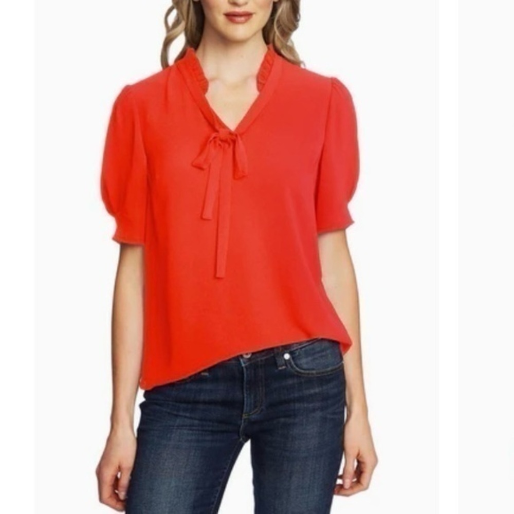 CeCe Short Sleeve Ruffle Neck Bow Blouse in Cherry Rose Size S